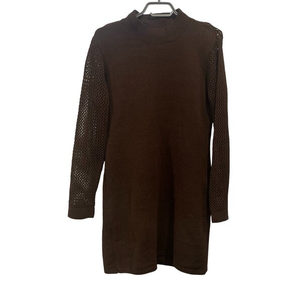 Zara Chocolate Brown Knit Sweater Dress Pointelle Balloon Sleeve Mini Size L - Picture 8 of 11